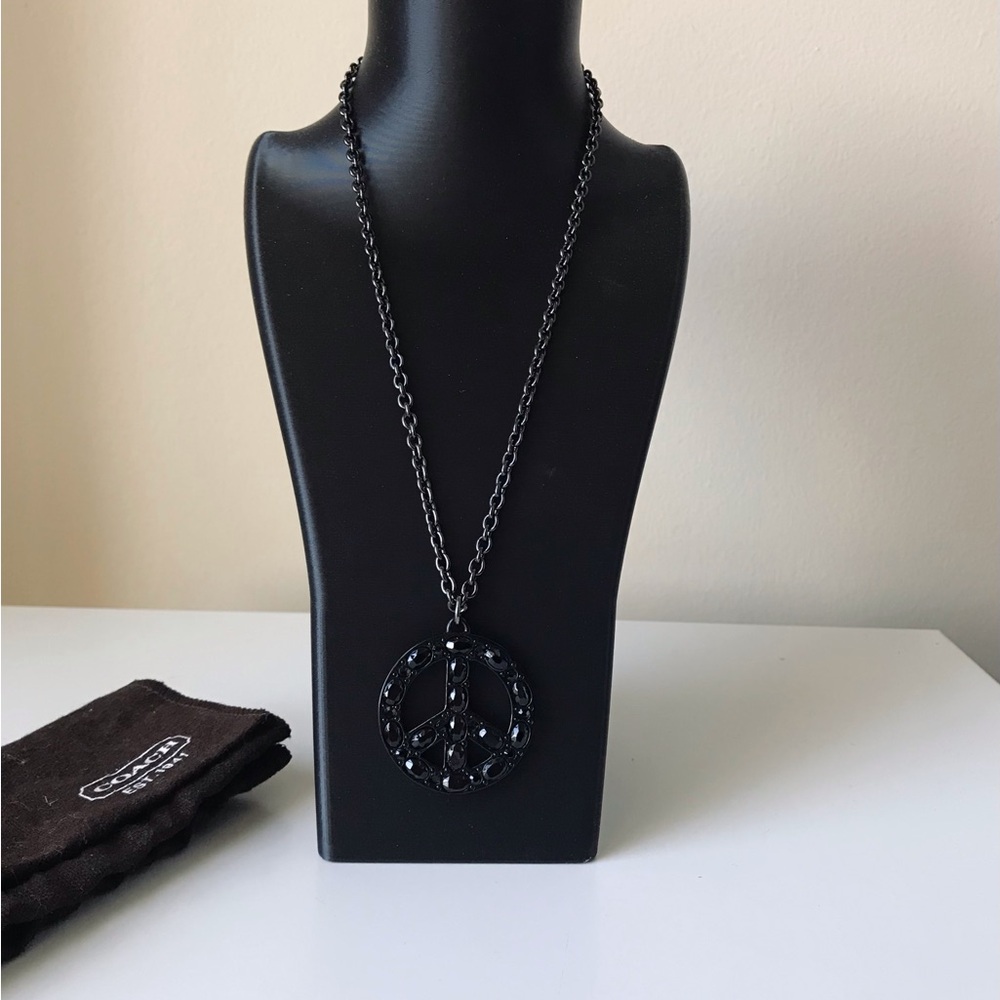 Coach Peace Sign Black Crystal Pendant Necklace, Y2K
